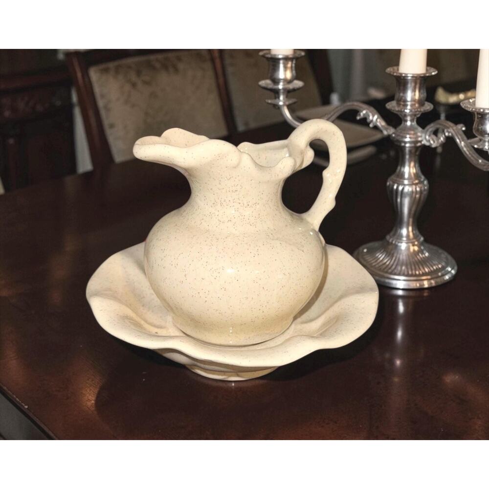 Vintage Cream Speckled Ceramic Mini Pitcher and Bowl Wash Basin Set
